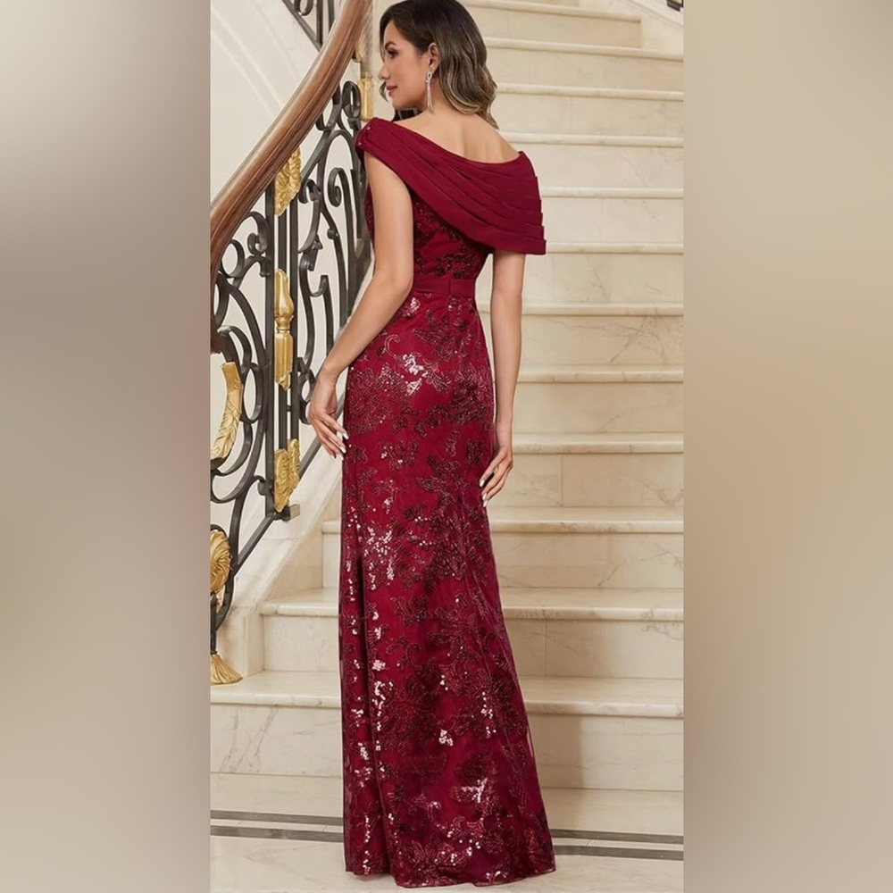 Burnt Orange Sequin Mermaid MOB and MOG Dresses for Women Chiffon Off Shoulder - Picture 2 of 5